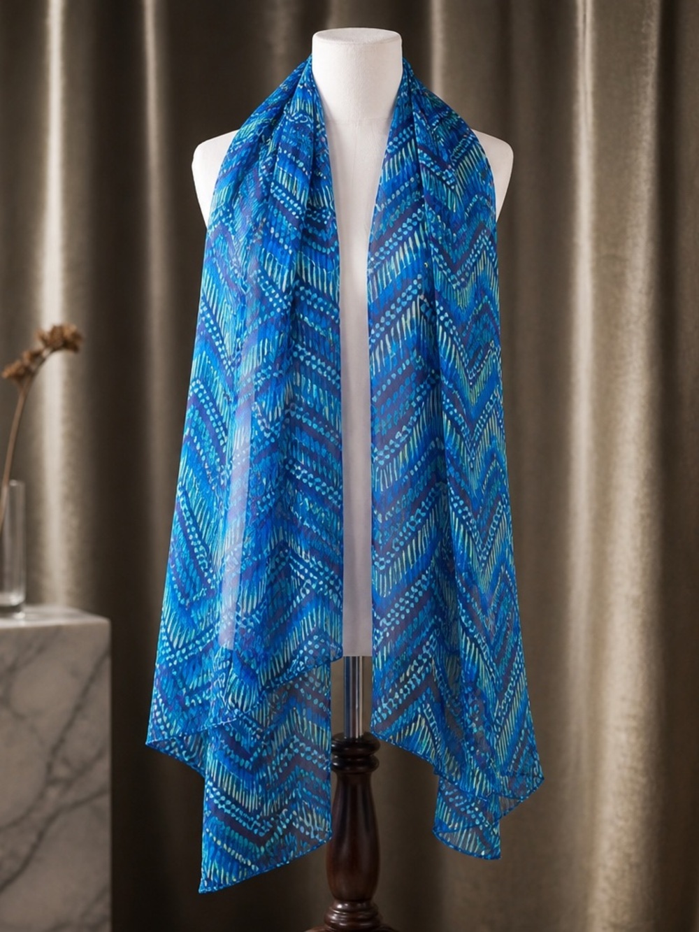 Chico's Blue Watercolor Chevron Geometric Oblong Scarf Wrap